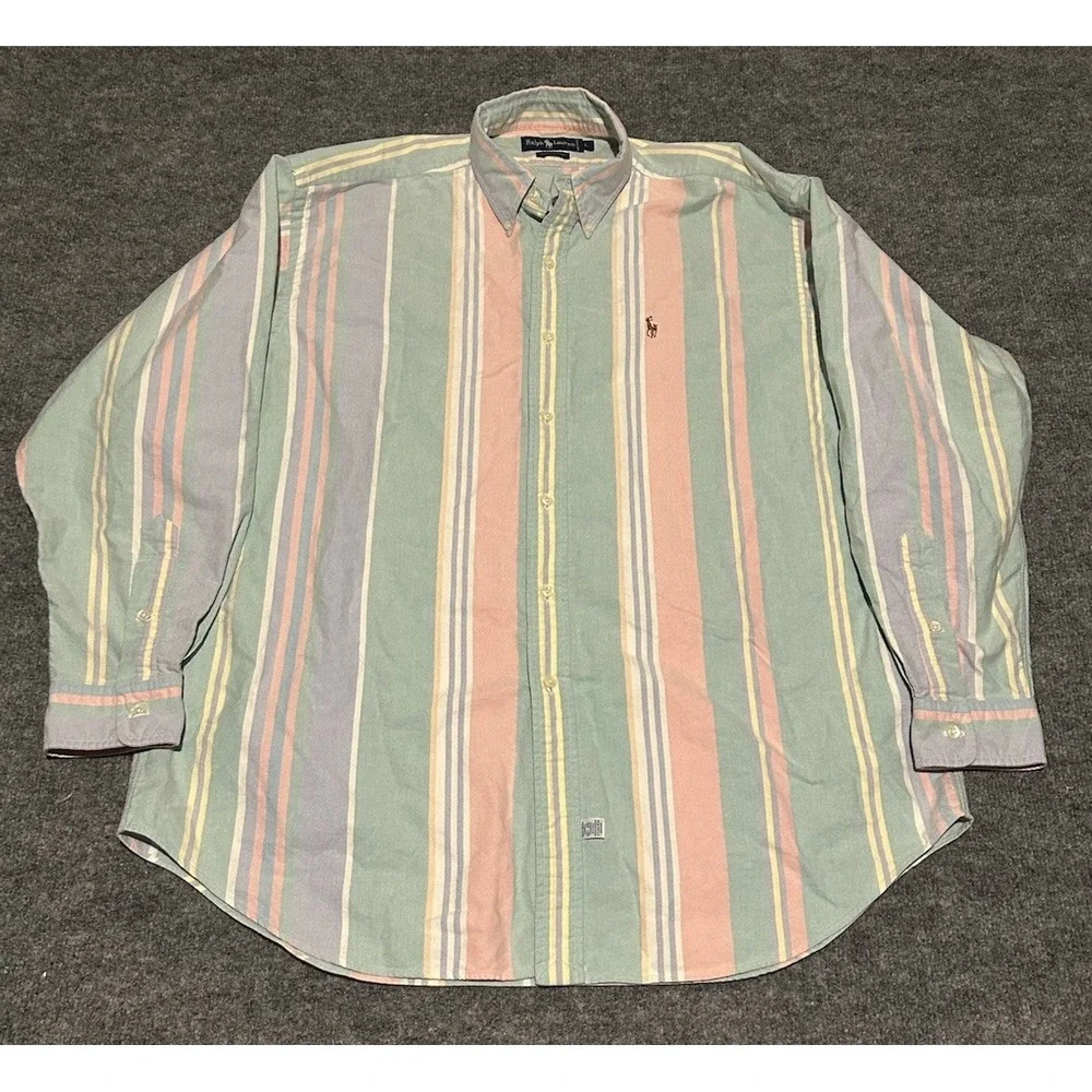 Polo Ralph Lauren Men's L Multicolor Preppy Button Flesh Striped Dress Shirt EUC